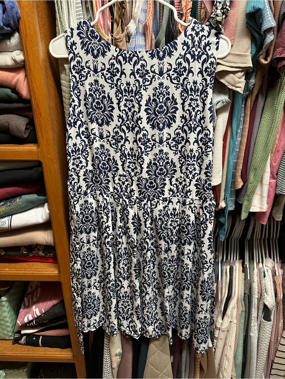 Navy and White Printed Midi Dress - Sleeveless A-Line